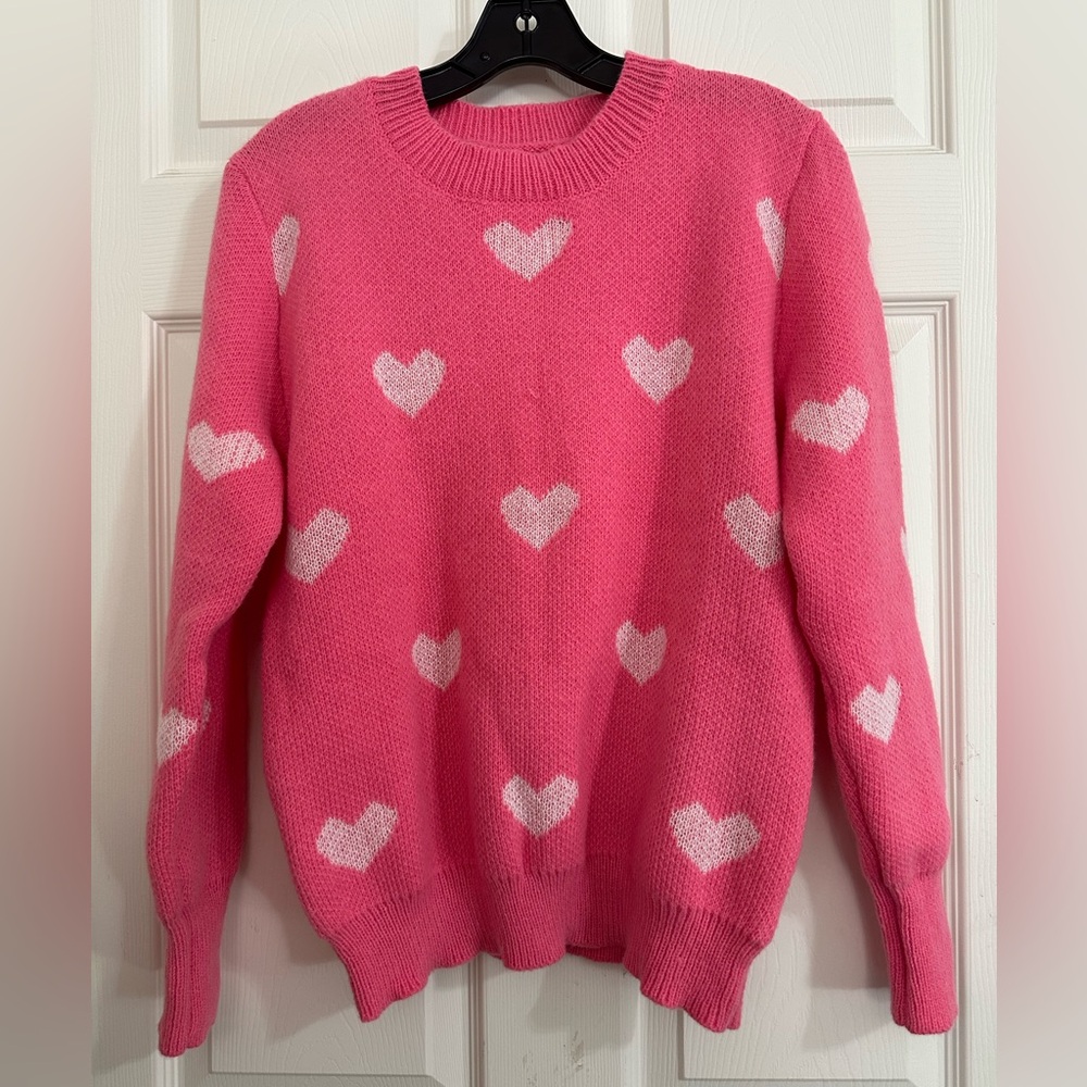 Amazon Pink and White Crew Neck Heart Sweater